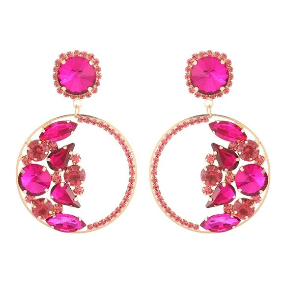 Prom Pageant Bridal Jewelry - Hot Pink/Fuchsia Crystal Cluster Hoop Dangle Rhinestone Earrings